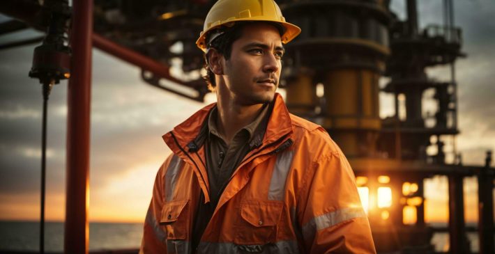 portrait-of-a-man-oil-rig-worker-with-a-helmet-in-front-of-the-offshore-rig-with-sunset-background-ai-generative-free-photo