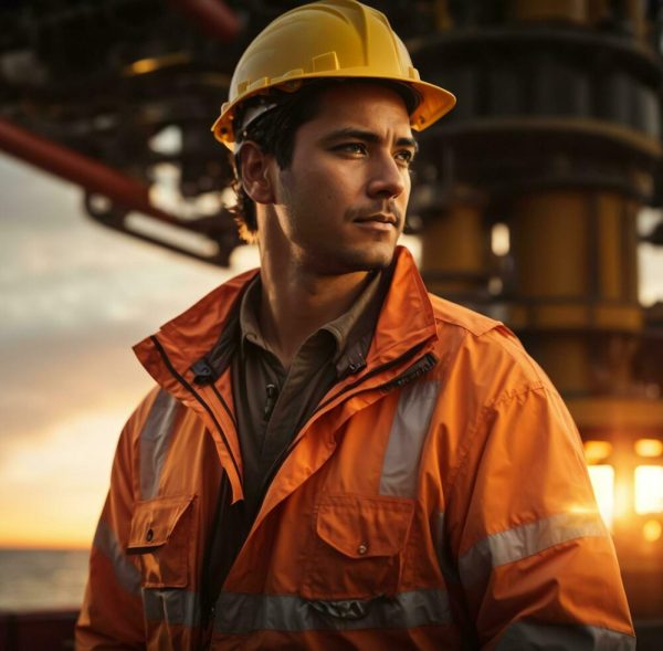 portrait-of-a-man-oil-rig-worker-with-a-helmet-in-front-of-the-offshore-rig-with-sunset-background-ai-generative-free-photo